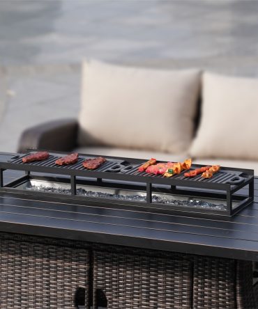 Durable Black Iron Grill Stand with Enamel-Coated Cast Iron Cooking Pans