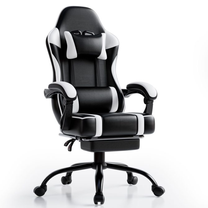 Video Game Chairs for Adults, PU Leather Gaming Chair with Footrest, 360°Swivel Adjustable Lumbar Pillow Gamer Chair, Comfortable Computer Chair for Heavy People - Image 15