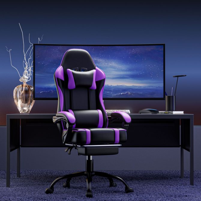 Video Game Chairs for Adults, PU Leather Gaming Chair with Footrest, 360°Swivel Adjustable Lumbar Pillow Gamer Chair, Comfortable Computer Chair for Heavy People - Image 9