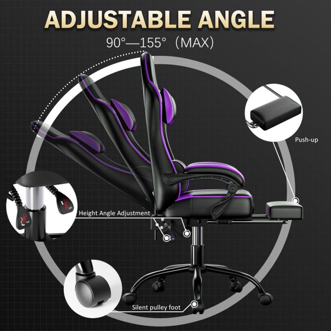 Video Game Chairs for Adults, PU Leather Gaming Chair with Footrest, 360°Swivel Adjustable Lumbar Pillow Gamer Chair, Comfortable Computer Chair for Heavy People - Image 11