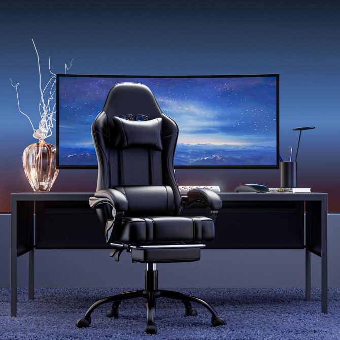 Video Game Chairs for Adults, PU Leather Gaming Chair with Footrest, 360°Swivel Adjustable Lumbar Pillow Gamer Chair, Comfortable Computer Chair for Heavy People - Image 37