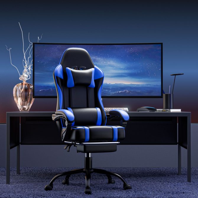 Video Game Chairs for Adults, PU Leather Gaming Chair with Footrest, 360°Swivel Adjustable Lumbar Pillow Gamer Chair, Comfortable Computer Chair for Heavy People - Image 30