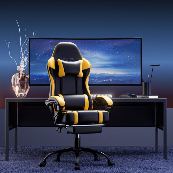 Video Game Chairs for Adults, PU Leather Gaming Chair with Footrest, 360°Swivel Adjustable Lumbar Pillow Gamer Chair, Comfortable Computer Chair for Heavy People - Image 23