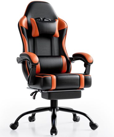 Video Game Chairs for Adults, PU Leather Gaming Chair with Footrest, 360°Swivel Adjustable Lumbar Pillow Gamer Chair, Comfortable Computer Chair for Heavy People