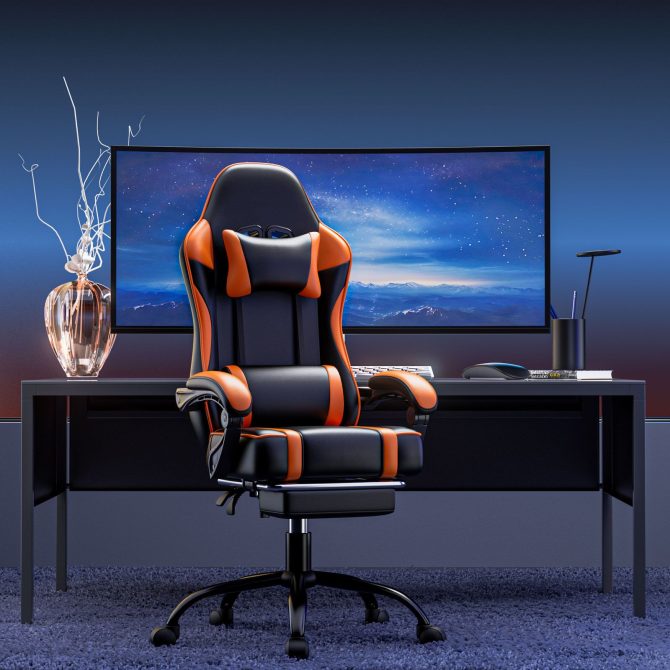 Video Game Chairs for Adults, PU Leather Gaming Chair with Footrest, 360°Swivel Adjustable Lumbar Pillow Gamer Chair, Comfortable Computer Chair for Heavy People - Image 6