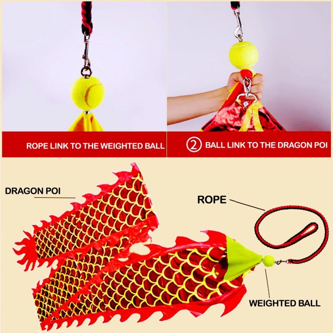 DSJUGGLING 3D Dragon Poi with 340g Weighted Ball & 1.1 Meters Swing Rope - Silk Flowy Shaking & Flinging Chinese Golden Dragon Ribbon Streamer + Travel Bag! - Image 16