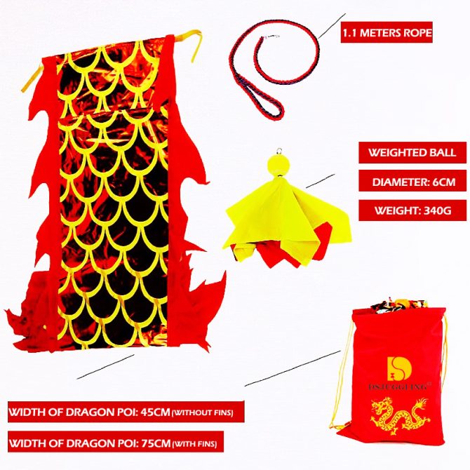DSJUGGLING 3D Dragon Poi with 340g Weighted Ball & 1.1 Meters Swing Rope - Silk Flowy Shaking & Flinging Chinese Golden Dragon Ribbon Streamer + Travel Bag! - Image 3