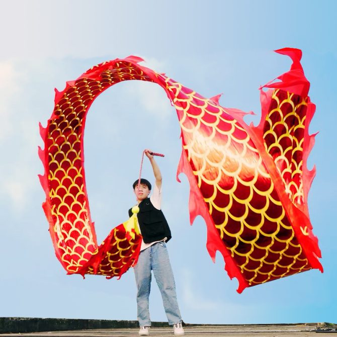 DSJUGGLING 3D Dragon Poi with 340g Weighted Ball & 1.1 Meters Swing Rope - Silk Flowy Shaking & Flinging Chinese Golden Dragon Ribbon Streamer + Travel Bag!