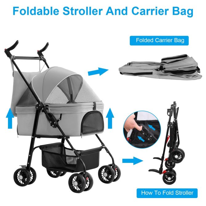 4 Wheels Pet Stroller Foldable Carrier Strolling Cart Travel Jogger Pet Stroller with Removable Liner Storage Basket for Dog Cat - Image 7
