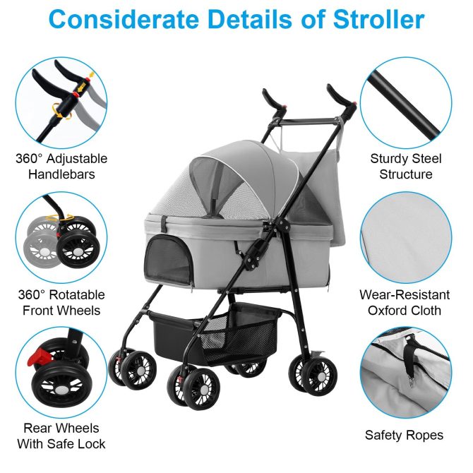 4 Wheels Pet Stroller Foldable Carrier Strolling Cart Travel Jogger Pet Stroller with Removable Liner Storage Basket for Dog Cat - Image 8