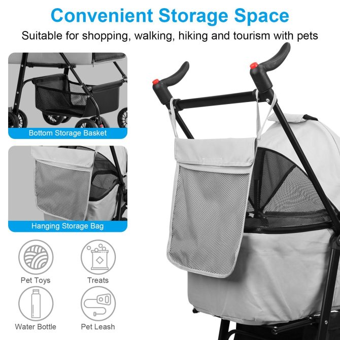 4 Wheels Pet Stroller Foldable Carrier Strolling Cart Travel Jogger Pet Stroller with Removable Liner Storage Basket for Dog Cat - Image 9