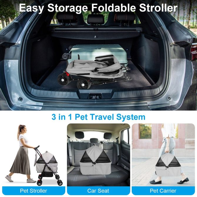 4 Wheels Pet Stroller Foldable Carrier Strolling Cart Travel Jogger Pet Stroller with Removable Liner Storage Basket for Dog Cat - Image 11