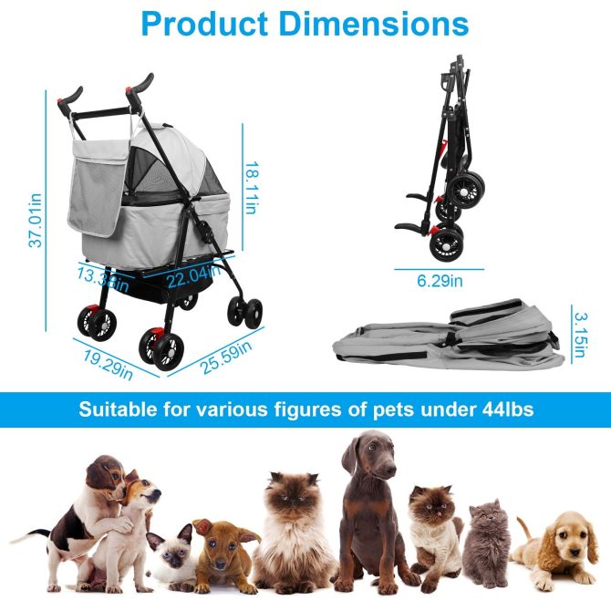 4 Wheels Pet Stroller Foldable Carrier Strolling Cart Travel Jogger Pet Stroller with Removable Liner Storage Basket for Dog Cat - Image 12