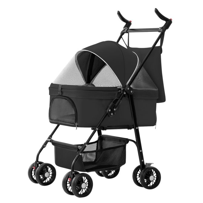 4 Wheels Pet Stroller Foldable Carrier Strolling Cart Travel Jogger Pet Stroller with Removable Liner Storage Basket for Dog Cat - Image 4