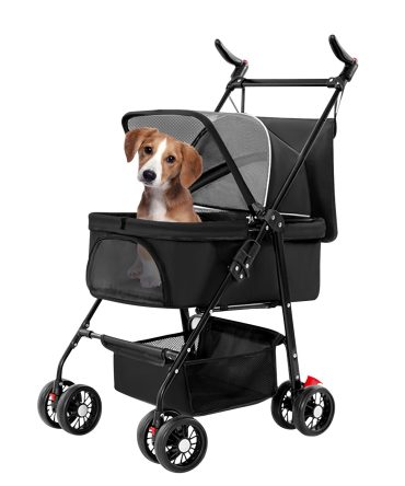 4 Wheels Pet Stroller Foldable Carrier Strolling Cart Travel Jogger Pet Stroller with Removable Liner Storage Basket for Dog Cat