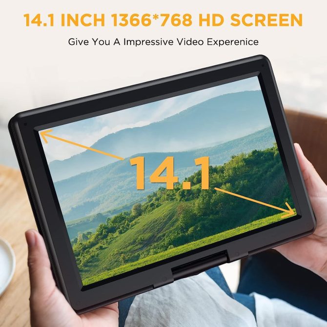 DBPOWER 16.9" Portable DVD Player with 14.1" HD Swivel Large Screen, Support DVD/USB/SD Card and Multiple Disc Formats, 6 Hrs 5000mAH Rechargeable Battery, Sync TV/Projector, High Volume Speaker - Image 4