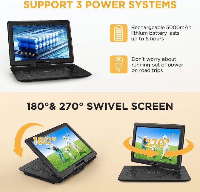 DBPOWER 16.9" Portable DVD Player with 14.1" HD Swivel Large Screen, Support DVD/USB/SD Card and Multiple Disc Formats, 6 Hrs 5000mAH Rechargeable Battery, Sync TV/Projector, High Volume Speaker - Image 5