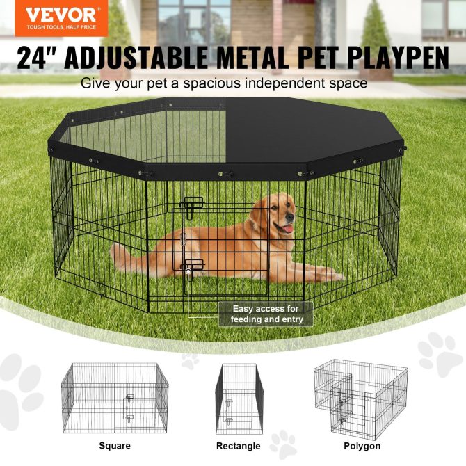 VEVOR Dog Playpen, 8 Panels Foldable Metal Dog Exercise Pen with Top Cover, 24" H Pet Fence Puppy Crate Kennel with Ground Stakes, Indoor Outdoor Dog Pen for Small Medium Pets, for Camping, Yard - Image 2