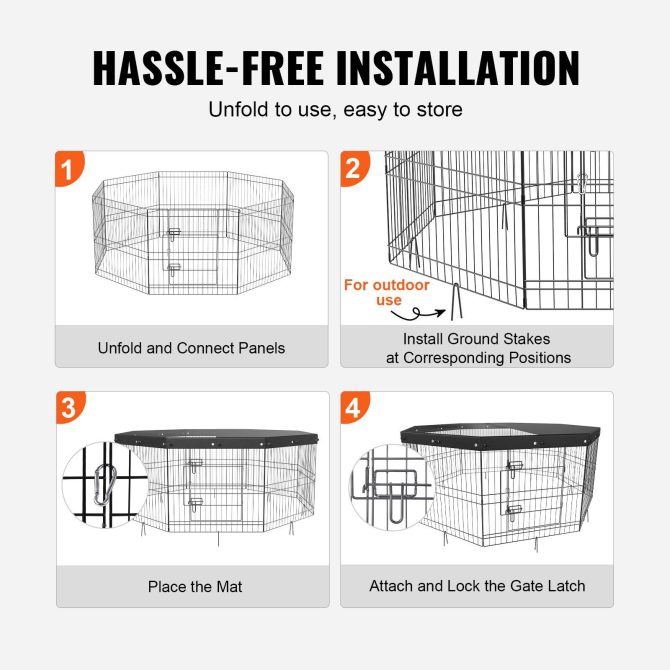 VEVOR Dog Playpen, 8 Panels Foldable Metal Dog Exercise Pen with Top Cover, 24" H Pet Fence Puppy Crate Kennel with Ground Stakes, Indoor Outdoor Dog Pen for Small Medium Pets, for Camping, Yard - Image 5