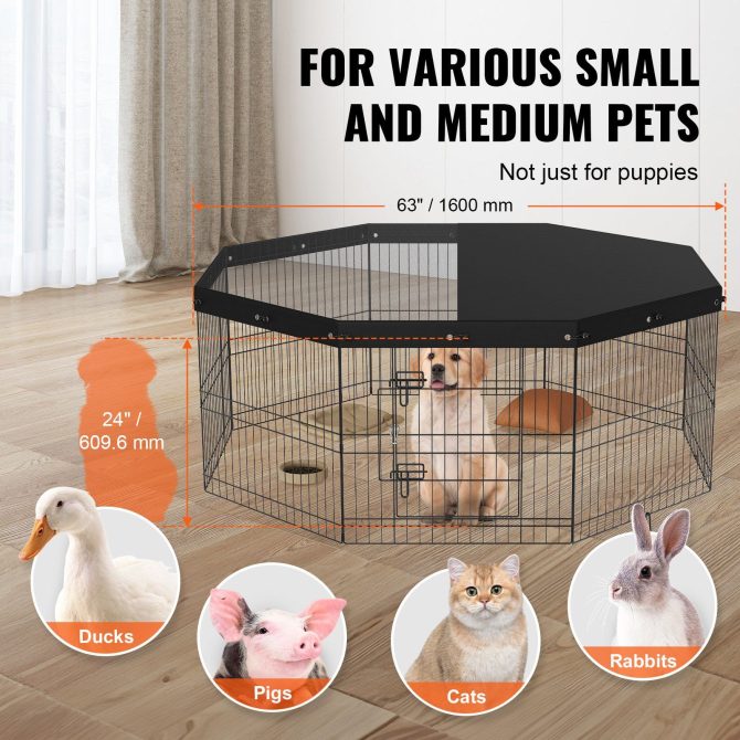 VEVOR Dog Playpen, 8 Panels Foldable Metal Dog Exercise Pen with Top Cover, 24" H Pet Fence Puppy Crate Kennel with Ground Stakes, Indoor Outdoor Dog Pen for Small Medium Pets, for Camping, Yard - Image 6