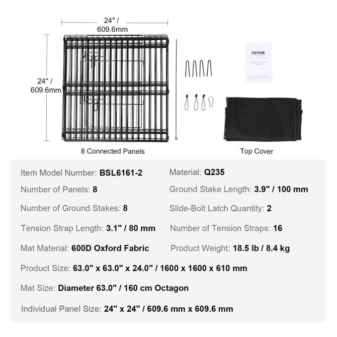 VEVOR Dog Playpen, 8 Panels Foldable Metal Dog Exercise Pen with Top Cover, 24" H Pet Fence Puppy Crate Kennel with Ground Stakes, Indoor Outdoor Dog Pen for Small Medium Pets, for Camping, Yard - Image 7