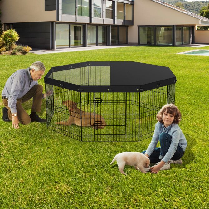 VEVOR Dog Playpen, 8 Panels Foldable Metal Dog Exercise Pen with Top Cover, 24" H Pet Fence Puppy Crate Kennel with Ground Stakes, Indoor Outdoor Dog Pen for Small Medium Pets, for Camping, Yard - Image 8
