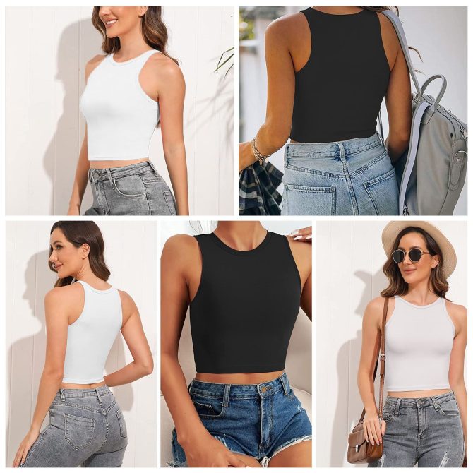 Women Sleeveless Cropped Tank Top High Neck Crop Racer Back Workout Top Machine Washable Summer - Image 2