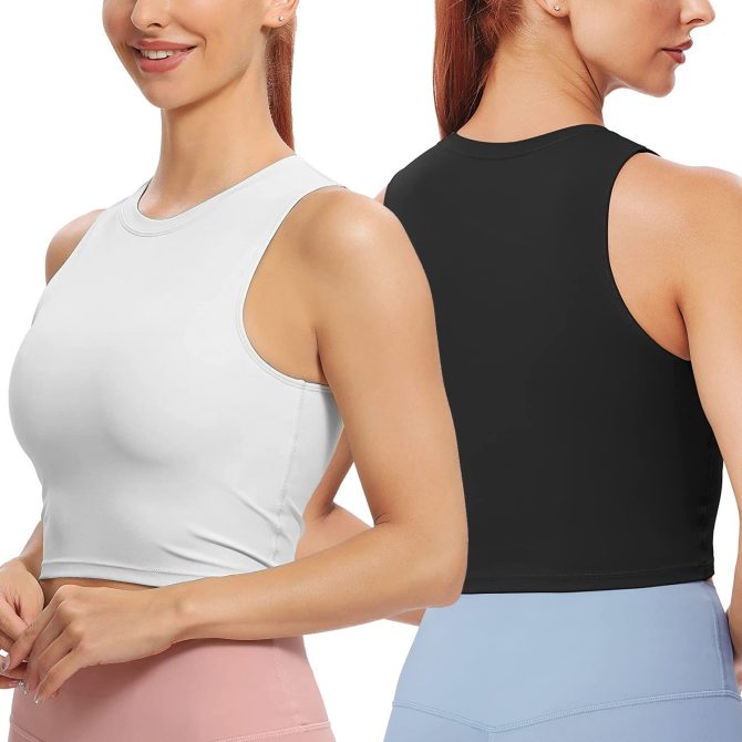 Women Sleeveless Cropped Tank Top High Neck Crop Racer Back Workout Top Machine Washable Summer - Image 3