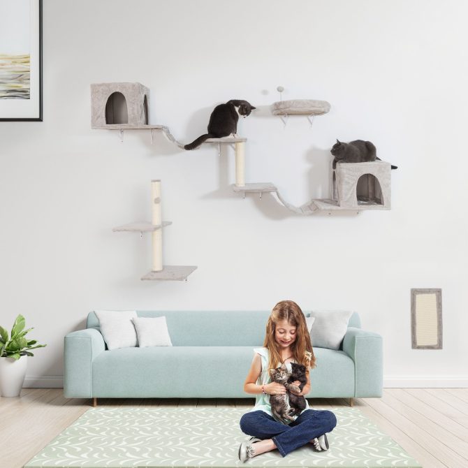 Wall-mounted Cat Tree, Cat Furniture with 2 Cat Condos House, 3 Cat Wall Shelves, 2 Ladder, 1 Cat Perch, Sisal Cat Scratching Posts and Pad - Image 2