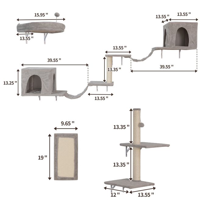 Wall-mounted Cat Tree, Cat Furniture with 2 Cat Condos House, 3 Cat Wall Shelves, 2 Ladder, 1 Cat Perch, Sisal Cat Scratching Posts and Pad - Image 16