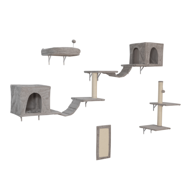 Wall-mounted Cat Tree, Cat Furniture with 2 Cat Condos House, 3 Cat Wall Shelves, 2 Ladder, 1 Cat Perch, Sisal Cat Scratching Posts and Pad - Image 4