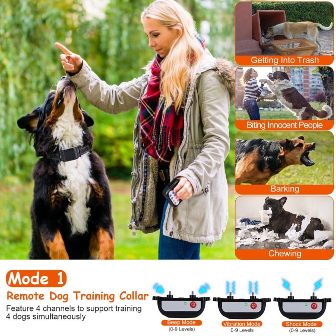 990FT Range Dog Wireless Fence Remote Training Collar IPX6 Waterproof Receiver with 0-9 Levels Beep Vibration Shock Mode 4 Channels Rechargeable Transmitter System - Image 2