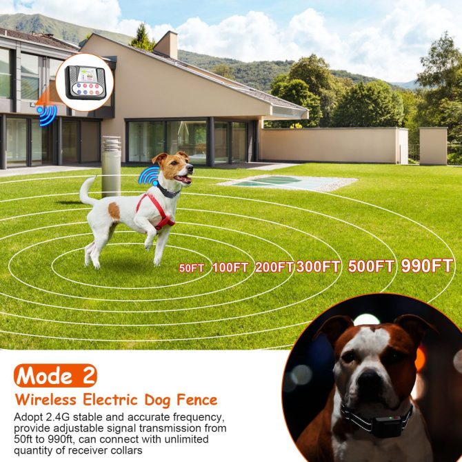 990FT Range Dog Wireless Fence Remote Training Collar IPX6 Waterproof Receiver with 0-9 Levels Beep Vibration Shock Mode 4 Channels Rechargeable Transmitter System - Image 3
