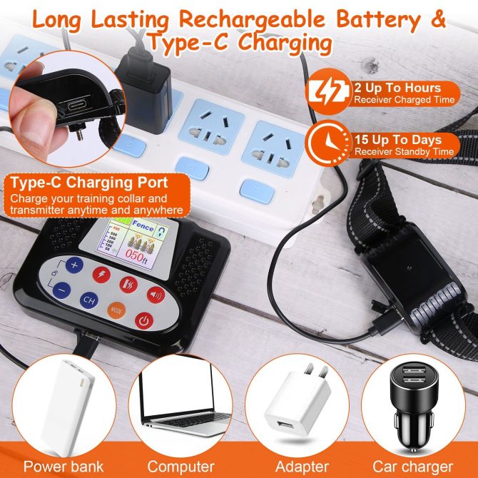 990FT Range Dog Wireless Fence Remote Training Collar IPX6 Waterproof Receiver with 0-9 Levels Beep Vibration Shock Mode 4 Channels Rechargeable Transmitter System - Image 6