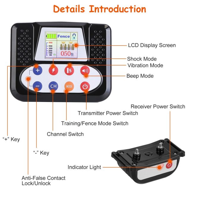 990FT Range Dog Wireless Fence Remote Training Collar IPX6 Waterproof Receiver with 0-9 Levels Beep Vibration Shock Mode 4 Channels Rechargeable Transmitter System - Image 7
