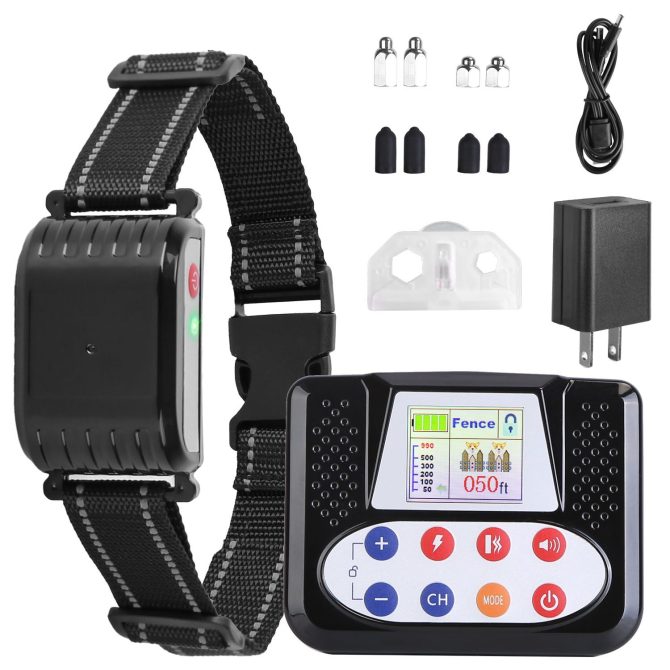 990FT Range Dog Wireless Fence Remote Training Collar IPX6 Waterproof Receiver with 0-9 Levels Beep Vibration Shock Mode 4 Channels Rechargeable Transmitter System