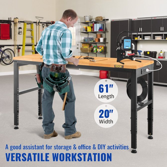 VEVOR Workbench Adjustable Height, 61" x 20" Garage Table w/ 27.1" - 36" Heights & 2000 LBS Load Capacity, with Power Outlets & Hardwood Top & Metal Frame & Foot Pads, for Workshop Office Home - Image 2