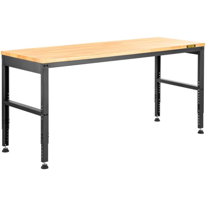 VEVOR Workbench Adjustable Height, 61" x 20" Garage Table w/ 27.1" - 36" Heights & 2000 LBS Load Capacity, with Power Outlets & Hardwood Top & Metal Frame & Foot Pads, for Workshop Office Home - Image 11