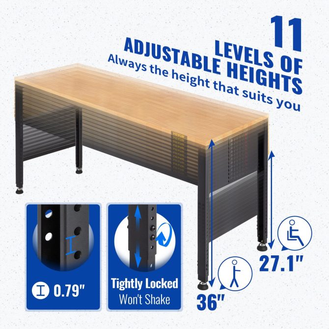 VEVOR Workbench Adjustable Height, 61" x 20" Garage Table w/ 27.1" - 36" Heights & 2000 LBS Load Capacity, with Power Outlets & Hardwood Top & Metal Frame & Foot Pads, for Workshop Office Home - Image 3