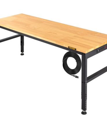VEVOR Workbench Adjustable Height, 61" x 20" Garage Table w/ 27.1" - 36" Heights & 2000 LBS Load Capacity, with Power Outlets & Hardwood Top & Metal Frame & Foot Pads, for Workshop Office Home