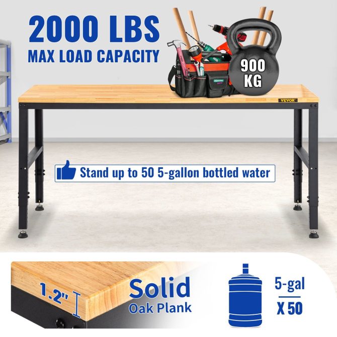 VEVOR Workbench Adjustable Height, 61" x 20" Garage Table w/ 27.1" - 36" Heights & 2000 LBS Load Capacity, with Power Outlets & Hardwood Top & Metal Frame & Foot Pads, for Workshop Office Home - Image 5