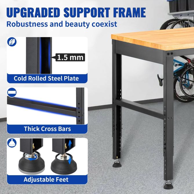 VEVOR Workbench Adjustable Height, 61" x 20" Garage Table w/ 27.1" - 36" Heights & 2000 LBS Load Capacity, with Power Outlets & Hardwood Top & Metal Frame & Foot Pads, for Workshop Office Home - Image 6