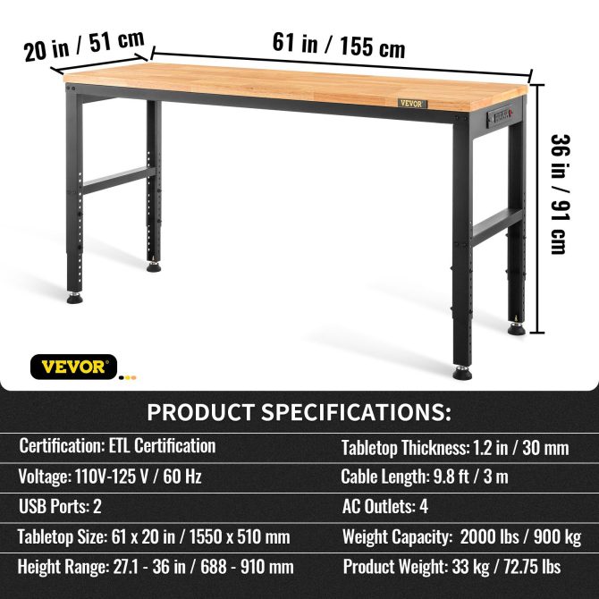 VEVOR Workbench Adjustable Height, 61" x 20" Garage Table w/ 27.1" - 36" Heights & 2000 LBS Load Capacity, with Power Outlets & Hardwood Top & Metal Frame & Foot Pads, for Workshop Office Home - Image 7