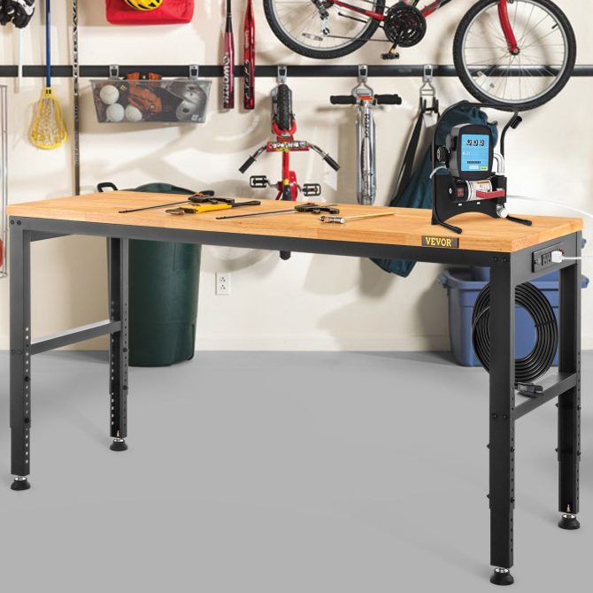 VEVOR Workbench Adjustable Height, 61" x 20" Garage Table w/ 27.1" - 36" Heights & 2000 LBS Load Capacity, with Power Outlets & Hardwood Top & Metal Frame & Foot Pads, for Workshop Office Home - Image 8