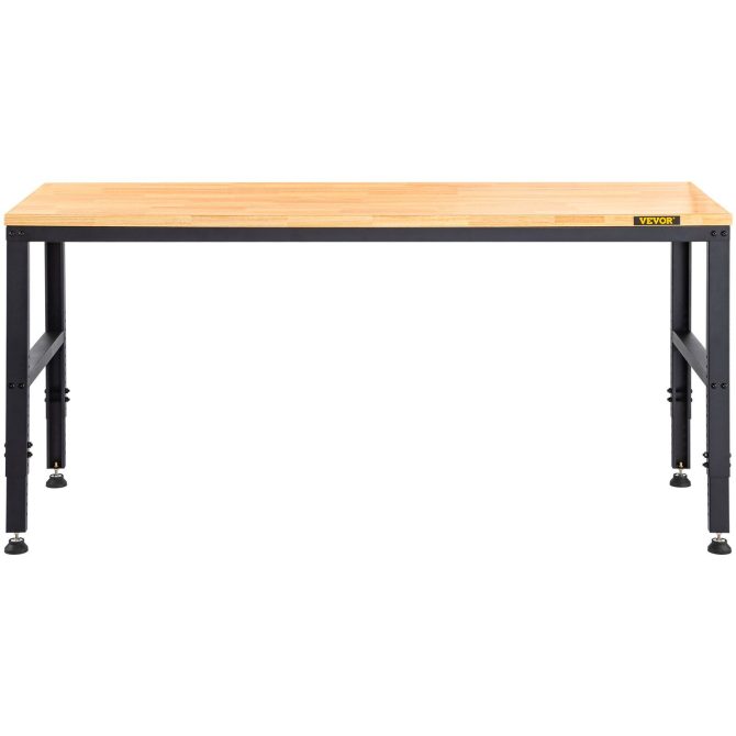 VEVOR Workbench Adjustable Height, 61" x 20" Garage Table w/ 27.1" - 36" Heights & 2000 LBS Load Capacity, with Power Outlets & Hardwood Top & Metal Frame & Foot Pads, for Workshop Office Home - Image 9