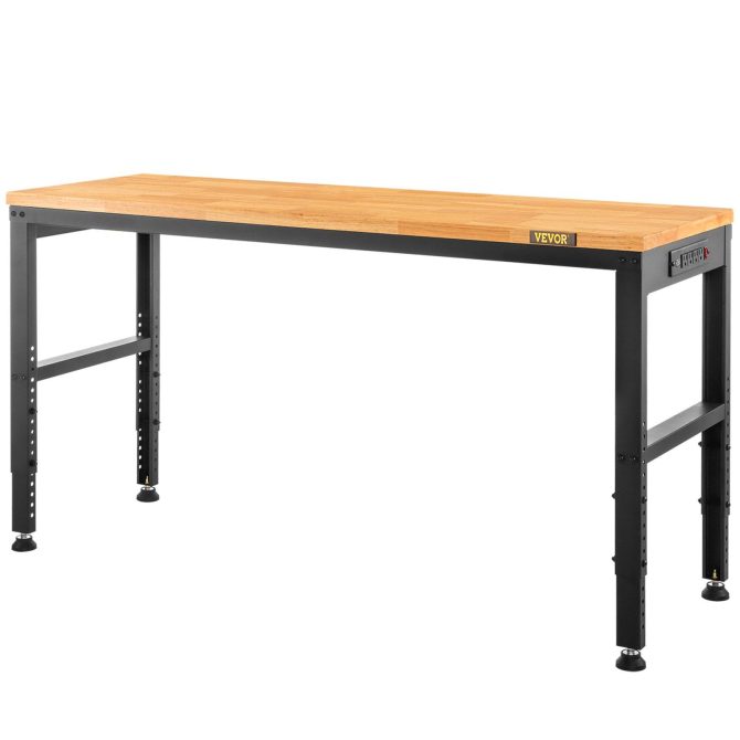 VEVOR Workbench Adjustable Height, 61" x 20" Garage Table w/ 27.1" - 36" Heights & 2000 LBS Load Capacity, with Power Outlets & Hardwood Top & Metal Frame & Foot Pads, for Workshop Office Home - Image 10
