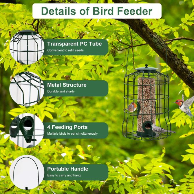 Outdoor Wild Bird Feeder Squirrel-Proof Chew-Proof Metal Hanging Seed Feeder with 4 Feeding Ports for Small Songbirds - Image 3