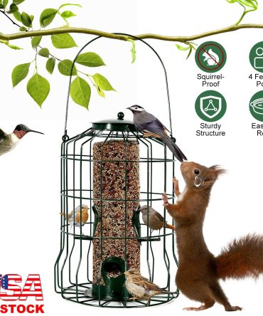 Outdoor Wild Bird Feeder Squirrel-Proof Chew-Proof Metal Hanging Seed Feeder with 4 Feeding Ports for Small Songbirds