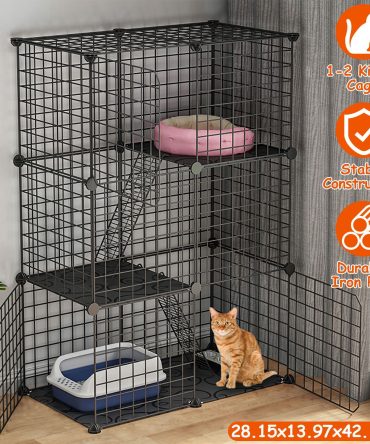3 Tier Cat Playpen Cage Metal Indoor Cat House Detachable Kitten House with 3 Doors 2 Ladders Large Cat Exercise Place for 1-2 Cats Black