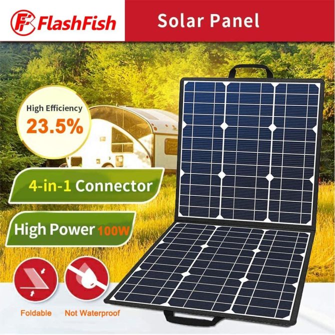 100W 18V Portable Solar Panel, Flashfish Foldable Solar Charger with 5V USB 18V DC Output Compatible with Portable Generator, Smartphones, Tablets and More - Image 2